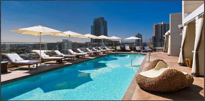 a pool with chairs and umbrellas