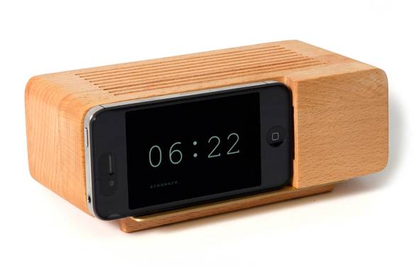 a wooden alarm clock with a black screen