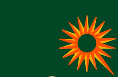 a green and orange sun logo