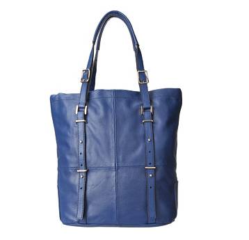 a blue leather bag with straps
