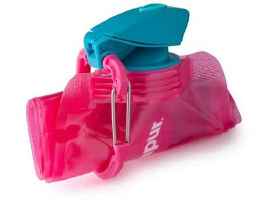 a pink water bottle with a blue handle