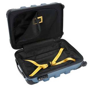a suitcase with a yellow strap