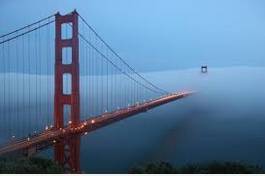 Golden Gate Bridge with lights on it