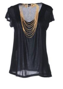 a black shirt with gold necklaces