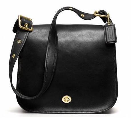 a black leather bag with a strap