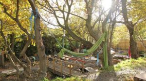 a bridge over a tree with a hammock