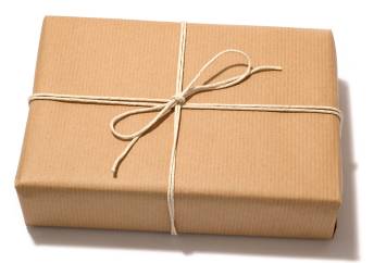 a package wrapped in brown paper tied with a string