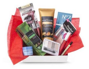 a gift basket with various beauty products