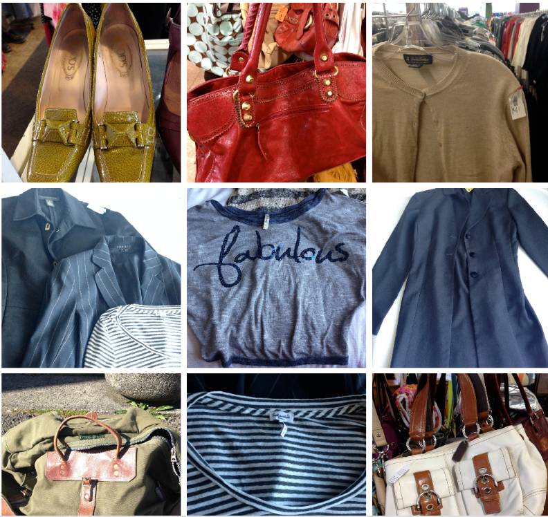 a collage of clothes and bags